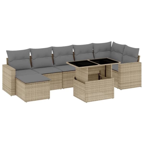vidaXL Matgrupp för trädgården med dynor 8 delar beige konstrotting