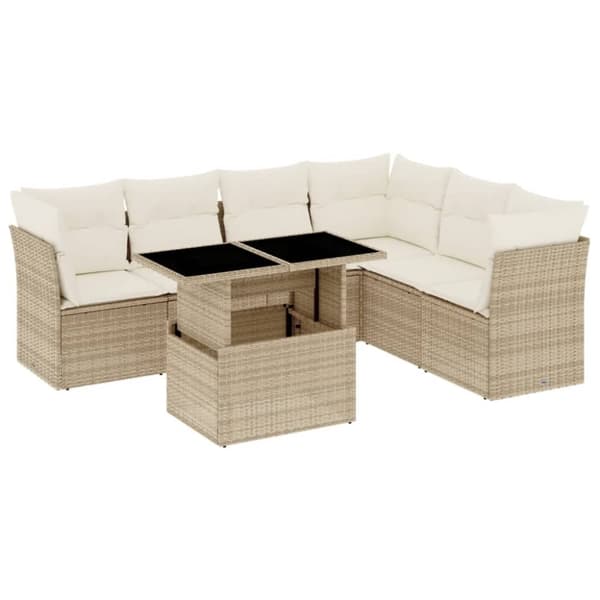 vidaXL Matgrupp för trädgården med dynor 7 delar beige konstrotting