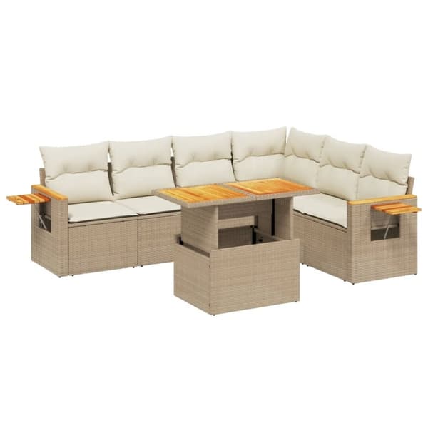 vidaXL Matgrupp för trädgården med dynor 7 delar beige konstrotting