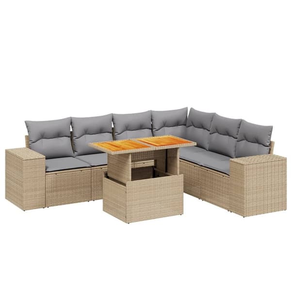 vidaXL Matgrupp för trädgården med dynor 7 delar beige konstrotting