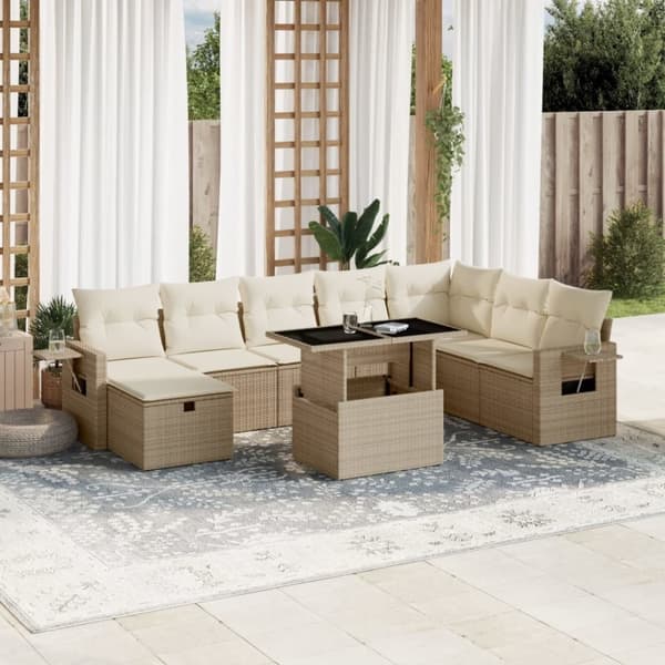 vidaXL sofasæt til haven 9 dele med hynder polyrattan beige