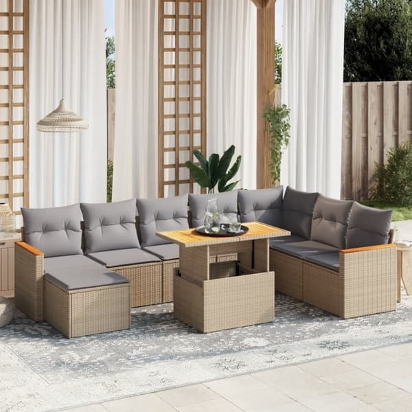 vidaXL Soffgrupp för trädgården med dynor 9 delar beige konstrotting