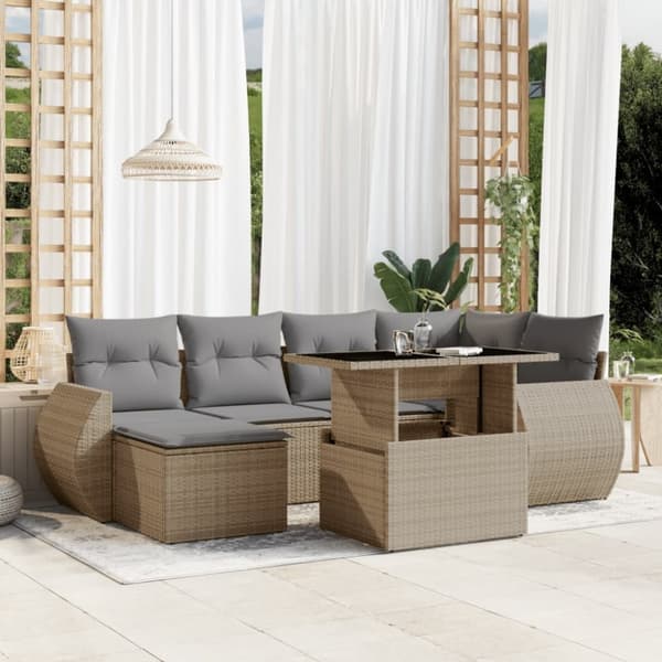 vidaXL sofasæt til haven 7 dele med hynder polyrattan beige