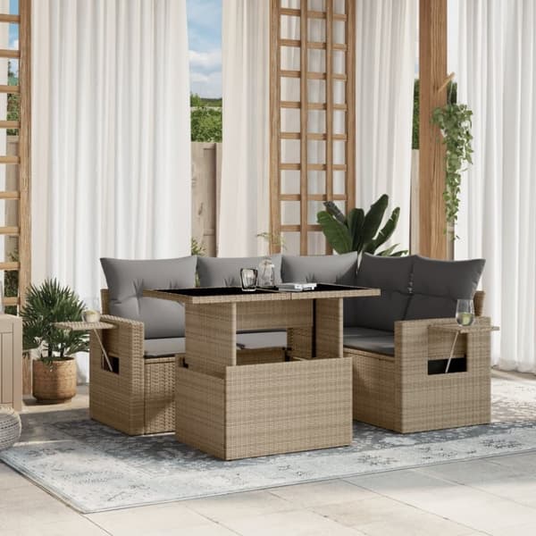 vidaXL Soffgrupp för trädgården med dynor 5 delar beige konstrotting