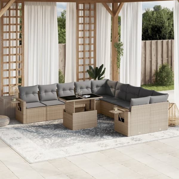 vidaXL Loungegrupp för trädgården m. dynor 11 delar beige konstrotting