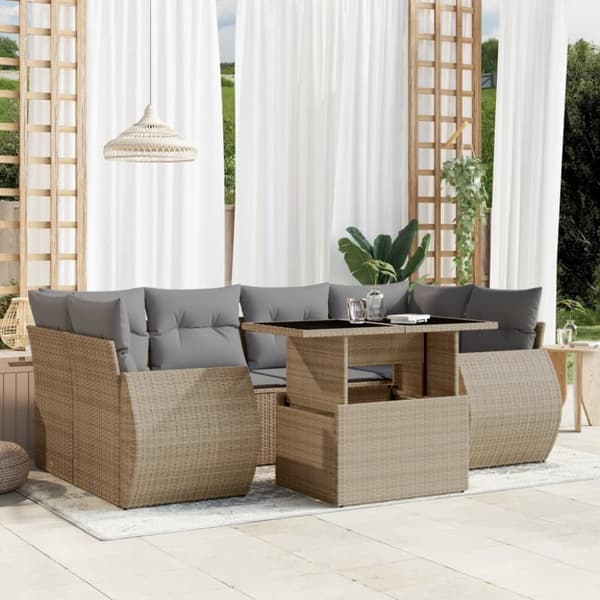 vidaXL sofasæt til haven 7 dele med hynder polyrattan beige
