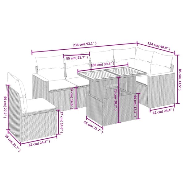 vidaXL Matgrupp för trädgården med dynor 7 delar beige konstrotting