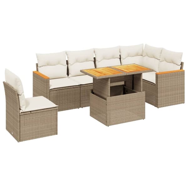 vidaXL Matgrupp för trädgården med dynor 7 delar beige konstrotting