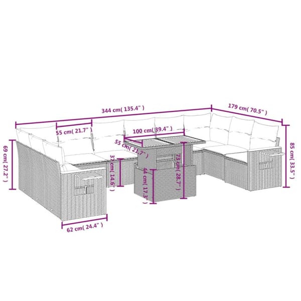 vidaXL sofasæt til haven 11 dele med hynder polyrattan beige