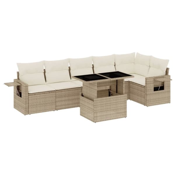 vidaXL Matgrupp för trädgården med dynor 7 delar beige konstrotting