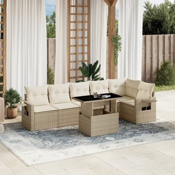 vidaXL Matgrupp för trädgården med dynor 7 delar beige konstrotting