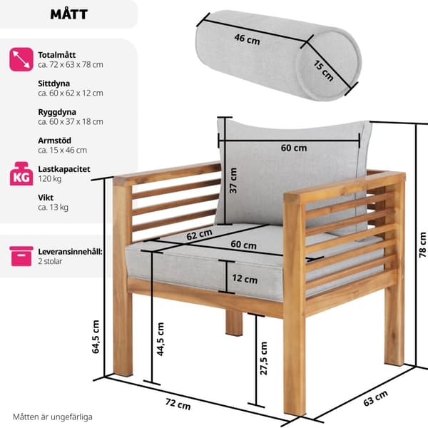 2-pack trädgårdsloungestolar Boka, laserad, 120 kg belastning - brun
