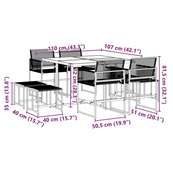 vidaXL Hagespisegruppe 9 deler svart polyrotting