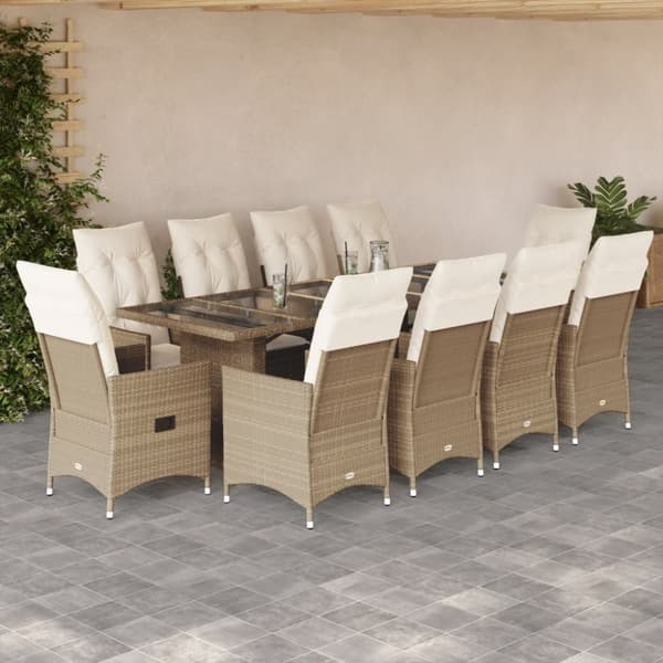 vidaXL Matgrupp för trädgården med dynor 11 delar beige konstrotting