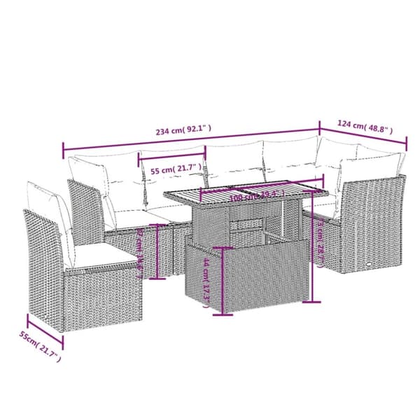 vidaXL Matgrupp för trädgården med dynor 7 delar beige konstrotting