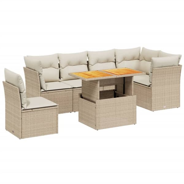 vidaXL Matgrupp för trädgården med dynor 7 delar beige konstrotting