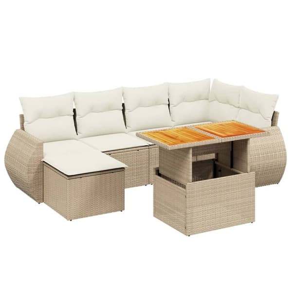 vidaXL Matgrupp för trädgården med dynor 7 delar beige konstrotting