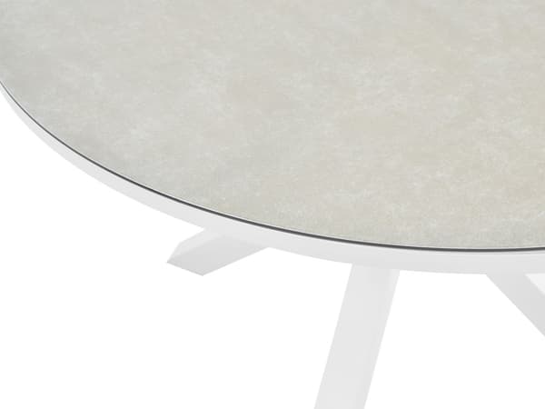 4-seters Hagespisesett Rundt Aluminiumsbord i Grått med Taupe Keramisk Glassplate Lamellstoler Moderne Design