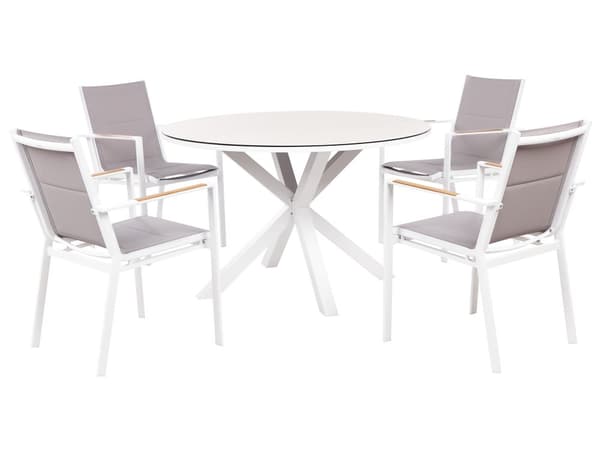 4-seters Hagespisesett Rundt Aluminiumsbord i Grått med Taupe Keramisk Glassplate Lamellstoler Moderne Design