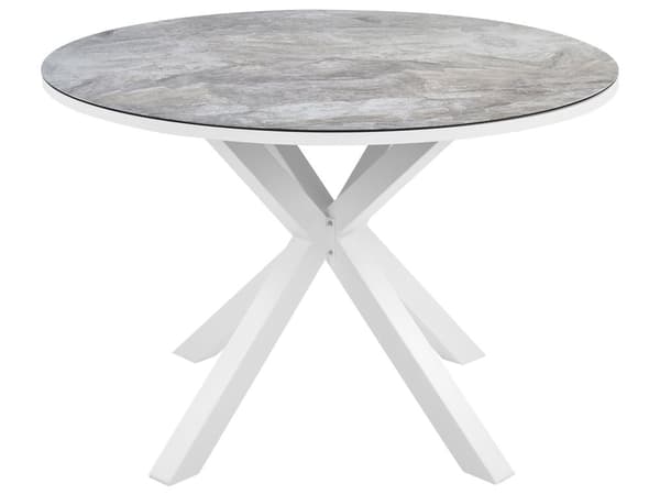4-seters Hagespisesett Grått Rundt Aluminiumsbord med Marmoreffekt Keramisk Glassplate Lamellstoler Moderne Design