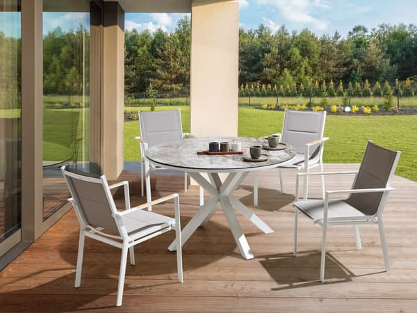 Udendørs spisesæt grå marmoreffekt aluminium til 4 personer rundt bord 110 cm hynder moderne stil