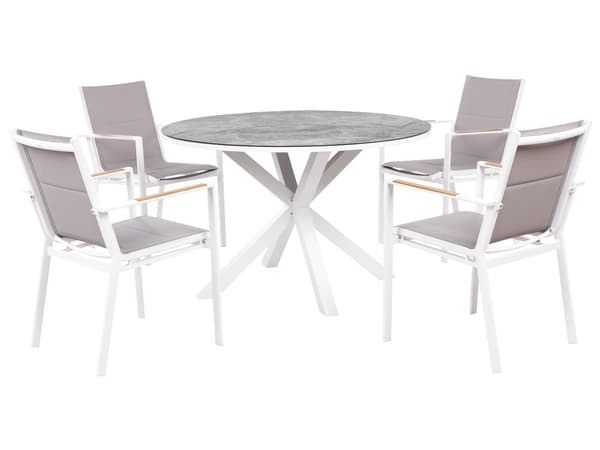 Udendørs spisesæt grå marmoreffekt aluminium til 4 personer rundt bord 110 cm hynder moderne stil