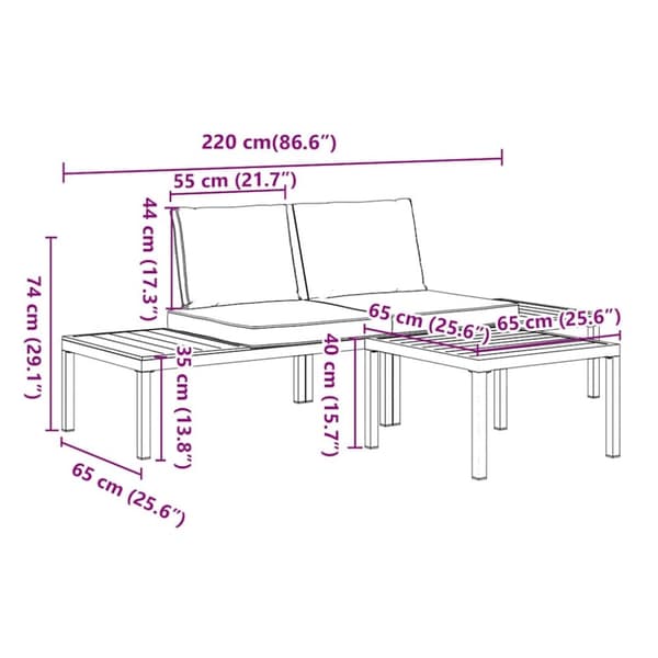 vidaXL Hagesofasett med puter 3 deler svart aluminium