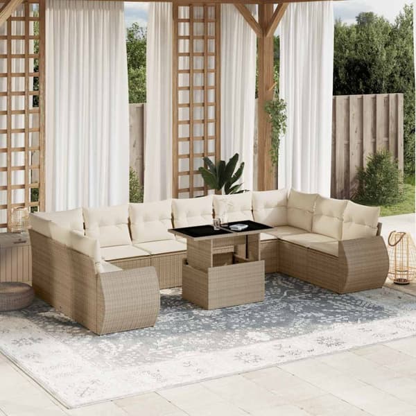 vidaXL Loungegrupp för trädgården m. dynor 11 delar beige konstrotting
