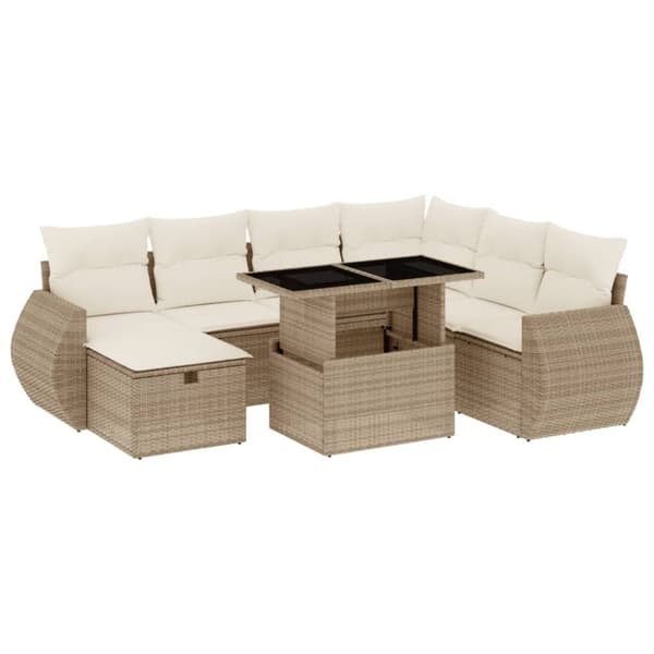 vidaXL Matgrupp för trädgården med dynor 8 delar beige konstrotting