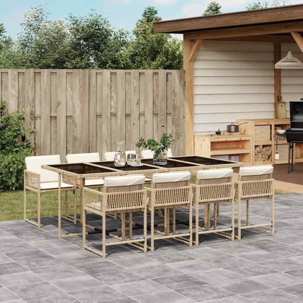 vidaXL spisebordssæt til haven 9 dele med hynder polyrattan beige