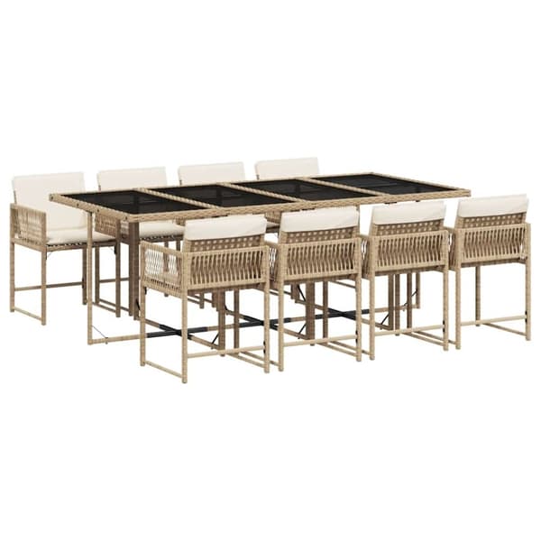 vidaXL spisebordssæt til haven 9 dele med hynder polyrattan beige