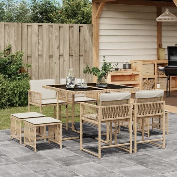 vidaXL spisebordssæt til haven 9 dele med hynder polyrattan beige