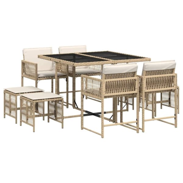 vidaXL spisebordssæt til haven 9 dele med hynder polyrattan beige