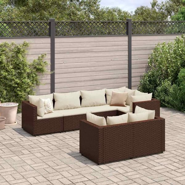 vidaXL loungesæt til haven 7 dele med hynder polyrattan brun