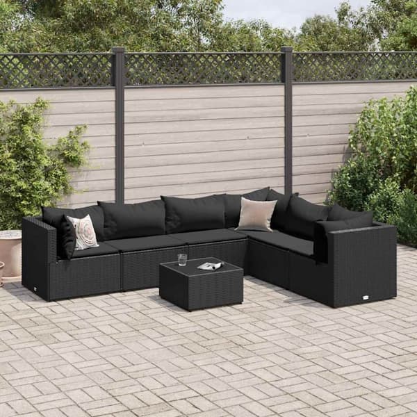 vidaXL loungesæt til haven 7 dele med hynder polyrattan sort
