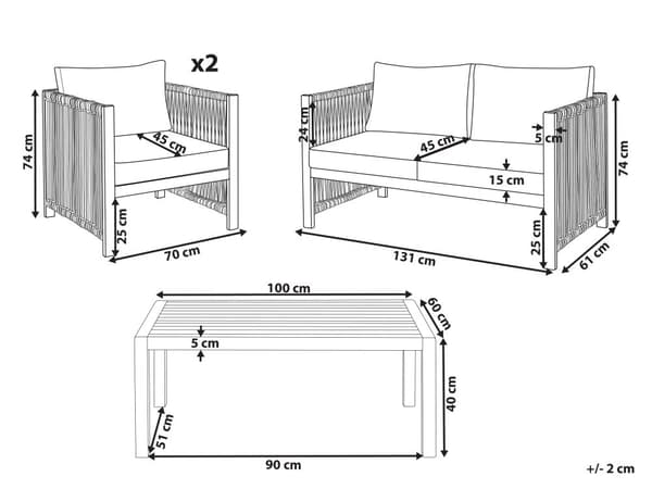 4-seters Hagesofa Lyst Akasie med Beige Syntetisk Tau 2-seters Sofa Lenestoler og Sofabord