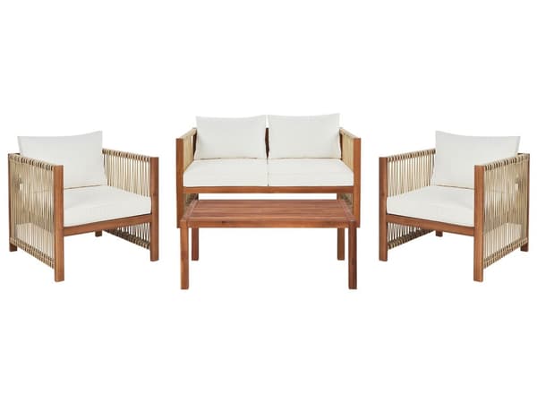 4-seters Hagesofa Lyst Akasie med Beige Syntetisk Tau 2-seters Sofa Lenestoler og Sofabord