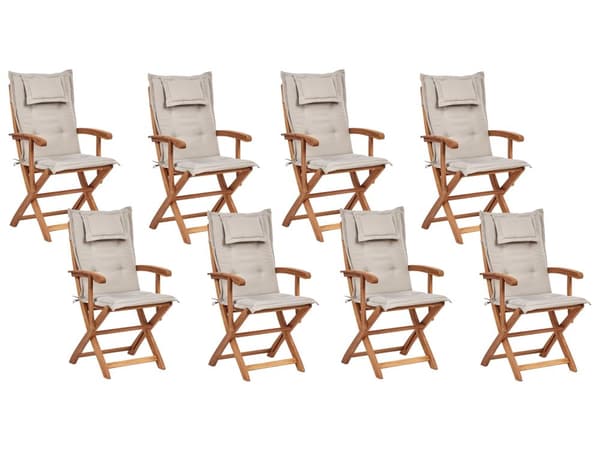 Utendørs Spisestue i Lyst Akasietre med Taupe-puter 8-seters Bord Sammenleggbare Stoler Rustikk Design