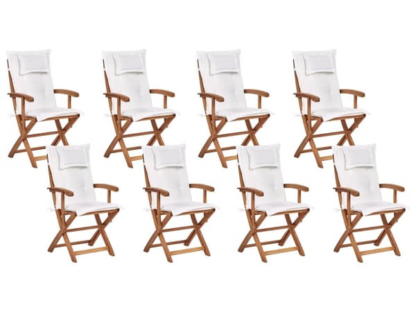 Utendørs Spisesett i Lyst Akasietre med Off-White Puter 8-seters Bord Sammenleggbare Stoler Mørkegrå Parasoll