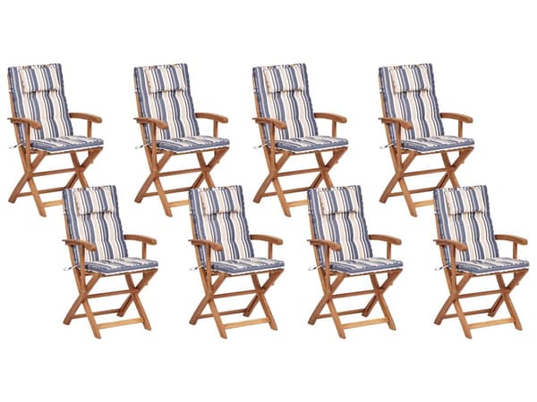 Utendørs Spisestue i Lyst Akasietre med Stripete Puter 8-seters Bord Sammenleggbare Stoler Rustikk Design