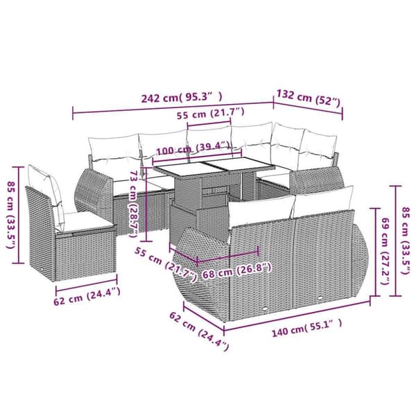 vidaXL sofasæt til haven 9 dele med hynder polyrattan beige