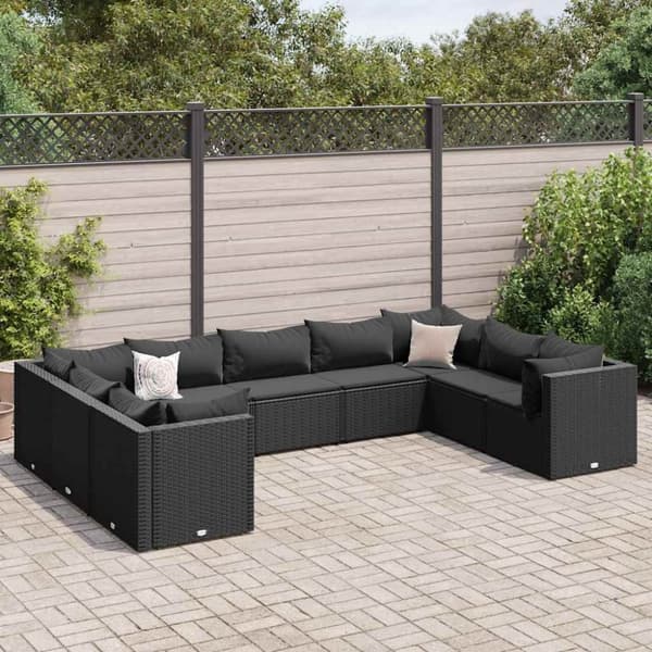 vidaXL Loungegrupp för trädgården med dynor 9 delar svart konstrotting