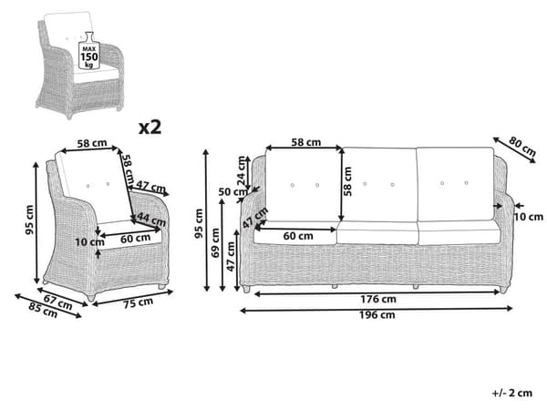Loungesett Natur Rotting 3-seters sofa 2 lenestoler Hvite sitteputer med avtakbare trekk Moderne og rustikk stil Hagemøbler