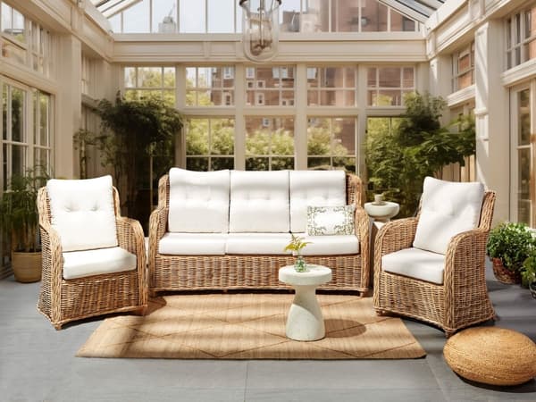 Loungesett Natur Rotting 3-seters sofa 2 lenestoler Hvite sitteputer med avtakbare trekk Moderne og rustikk stil Hagemøbler