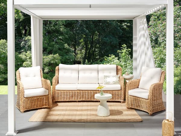 Loungesett Natur Rotting 3-seters sofa 2 lenestoler Hvite sitteputer med avtakbare trekk Moderne og rustikk stil Hagemøbler