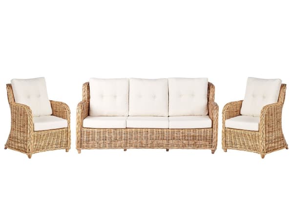 Loungesett Natur Rotting 3-seters sofa 2 lenestoler Hvite sitteputer med avtakbare trekk Moderne og rustikk stil Hagemøbler