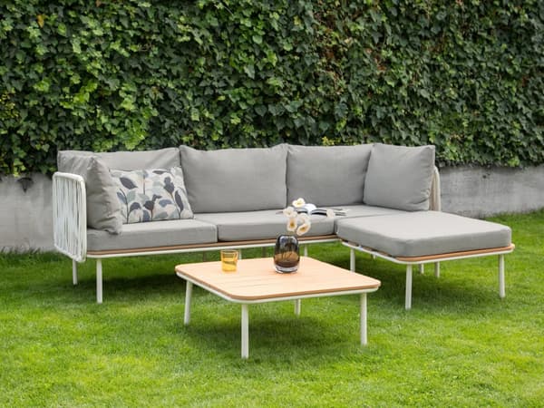 Loungesæt Grå 3 Personers Udendørs Havesofa med Fodskammel og Sofabord til Terrasse Have Indretning