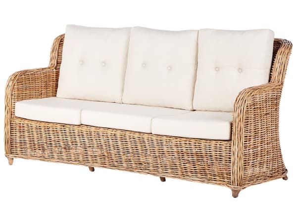 Loungesæt Natur Rattan 3-personers sofa 2 lænestole Hvide sædehynder med aftageligt betræk Moderne og rustik stil Havemøbler