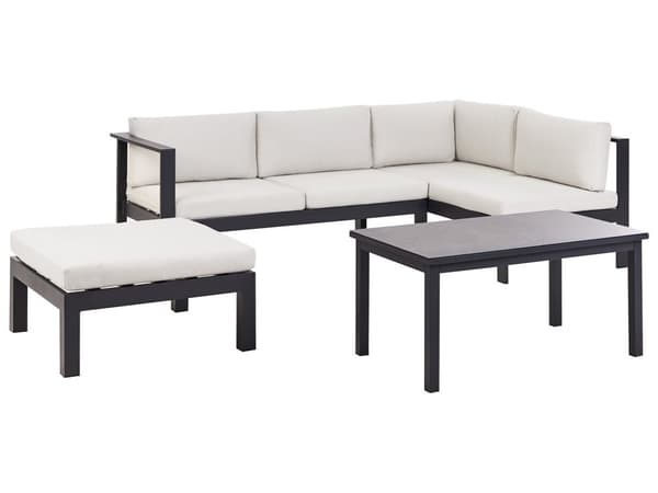 5-seters loungesett Svart metallramme Off-white sitteputer Bord med glassplate Moderne og skandinavisk stil Hagemøbler