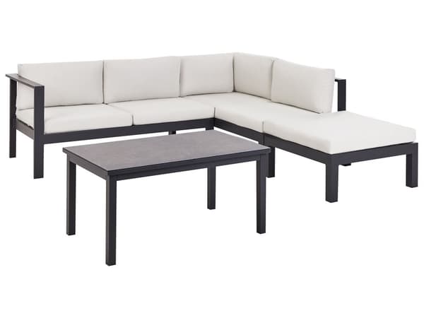 5-seters loungesett Svart metallramme Off-white sitteputer Bord med glassplate Moderne og skandinavisk stil Hagemøbler